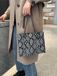 女士大容量肩袋,托特包形狀,拉鍊閉合,蛇紋印花pu材料,槍色金屬鏈,適用於日常生活、購物、旅行和成為時尚女神 - 灰色 - 查看 4