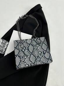 女士大容量肩袋,托特包形狀,拉鍊閉合,蛇紋印花pu材料,槍色金屬鏈,適用於日常生活、購物、旅行和成為時尚女神 - 灰色 - 查看 3