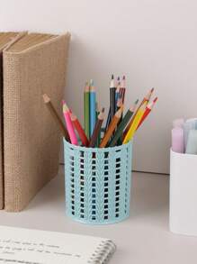 1個創意仿藤編織塑料筆筒,多功能極簡中空桌面組織者辦公用文具筆筒 - 藍色 - 查看 1