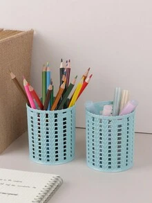 1個創意仿藤編織塑料筆筒,多功能極簡中空桌面組織者辦公用文具筆筒 - 藍色 - 查看 2