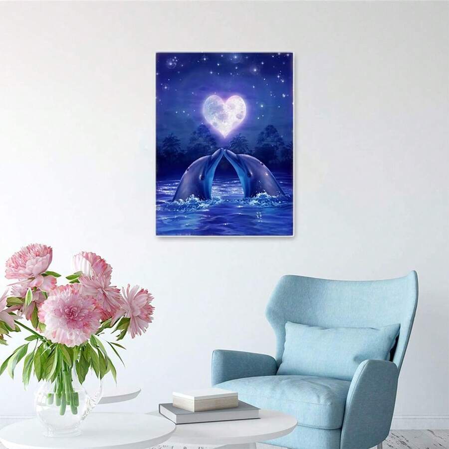 1pc Full Round Diamond Painting Set Dolphin Handmade Gift Diamond Mosaic Animal Wall Decor - Multicolor - View 1