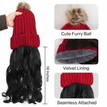 女士红色帽子假发针织温暖波浪卷发长发片合成天然假发带帽子一体式假发 - 黑色 - 查看 6