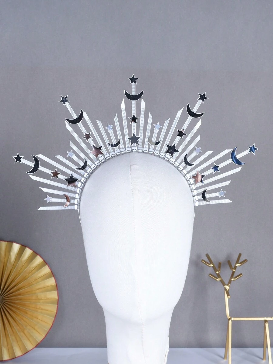 HOWAWAY 1pc Handmade Silver Disco Mirror Star & Moon Headwear For Party, Festival - Silver - View 1