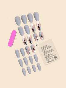 24入組杏仁形滴狀設計假指甲，磨砂灰色/白色/黑色，附有果凍膠和指甲文件，壓克力指甲供應