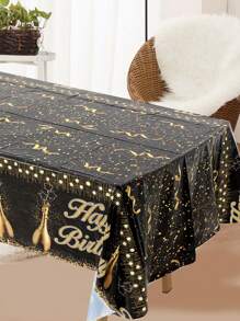 1件装黑色金色气球图案一次性长方形塑料桌布，非常适合装饰生日派对成人餐桌、生日派对餐桌、派对礼物生日装饰桌布 - 黑金色 - 查看 3