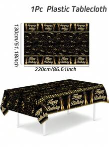 1件装黑色金色气球图案一次性长方形塑料桌布，非常适合装饰生日派对成人餐桌、生日派对餐桌、派对礼物生日装饰桌布 - 黑金色 - 查看 4