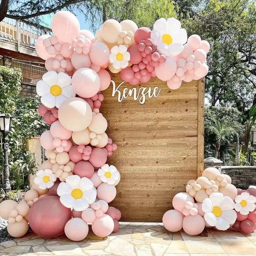 5 peças/114 peças/126 peças Conjunto de Guirlanda de Balões Rosa Retrô Nude com Tema de Margarida Branca, Adequado para Decoração de Casamento, Aniversário e Festa