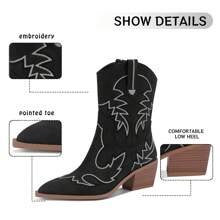 Monrovia Womens Cowgirl Boots Wide Calf Cowboy Boots Mid-Calf Pointed Toe Low Block Heel Embroidered Cowgirl Outfit - 黑色 - 查看 2