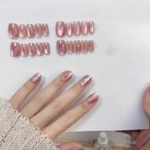 20入組全尺寸手工製作的冰透粉貓眼美甲貼,新年煙花假美甲貼, 秋冬可拆卸按壓式貼指甲片,適用於女性手工裝飾 - 粉色 - 查看 3