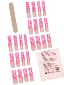 24 件 Xl 棺材形状粉色法式不对称条纹闪光设计假指甲，全覆盖和光泽饰面，1 个随机颜色指甲锉和 1 个胶带，适用于派对、舞蹈、日常佩戴，Abs 材质 - 彩色 - 查看 3