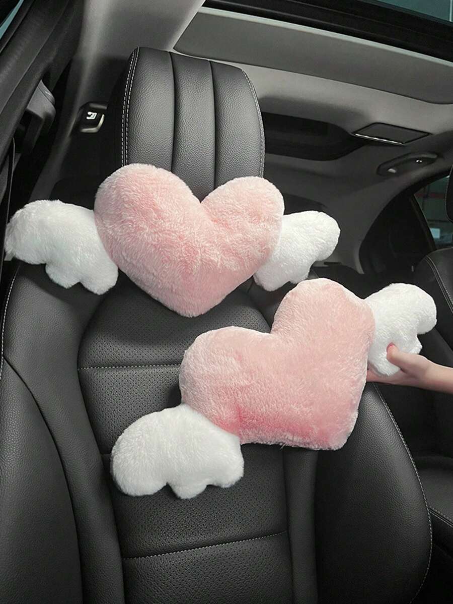 Cute Cartoon Car Headrest, Love Wings Neck Pillow, Neck Support Pillow, Car Interior Accessories, Valentine's Day Gifts - Baby Pink - View 1