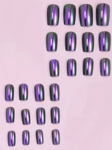 VV MEI JIA ER Y2K Instantly Upgrade Your Look With 24pcs Long Square Aurora Mirror Effect Holographic Fake Nail & 1pc Nail File & 1sheet Tape Press On Nails Nail Supplies - Purple - View 3