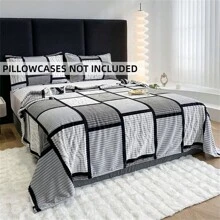 1 件簡約條紋格紋印花法蘭絨毯子,柔軟溫暖,可用作床罩或披肩,適合客廳和臥室家具裝飾 - 淺灰色 - 查看 9