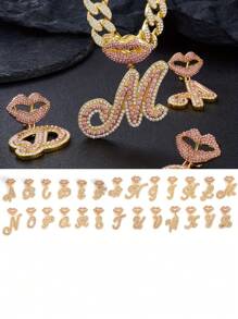 CVNANA 1 Stück Glänzende Sexy Rosa Lippe 26 Englische Buchstaben-anhänger-halskette Mit Eiskette Für Männer Und Frauen, Hip-hop-charm-halskette - silberrosa - Übersicht 9