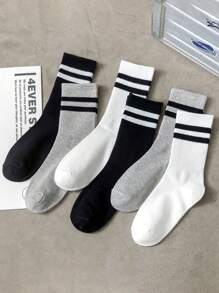 3 Pairs Women's Casual Mid-Calf Socks In Black/White/Grey With Double Stripes Pattern, Breathable Solid Color Stockings For Students, Autumn/Winter, Fall - Multicolor - View 2