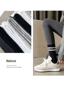 3 Pairs Women's Casual Mid-Calf Socks In Black/White/Grey With Double Stripes Pattern, Breathable Solid Color Stockings For Students, Autumn/Winter, Fall - Multicolor - View 6