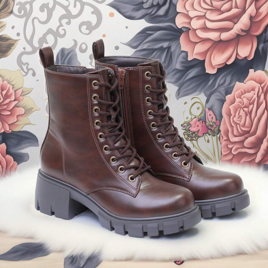 Milocaca New Women'S Lace Up High Top Platform Brown Boots With Thick Sole, Side Zipper, Comfortable Shoes - 棕色 - 查看 1