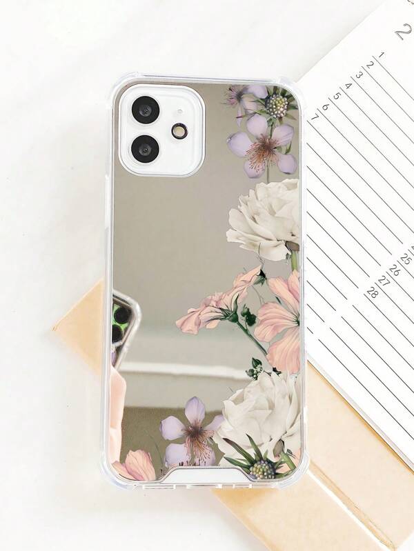 1pc White Rose Pattern Acrylic Plating Mirror Phone Case Compatible With Apple Waterproof Shockproof Anti-Fall Scratch Resistant