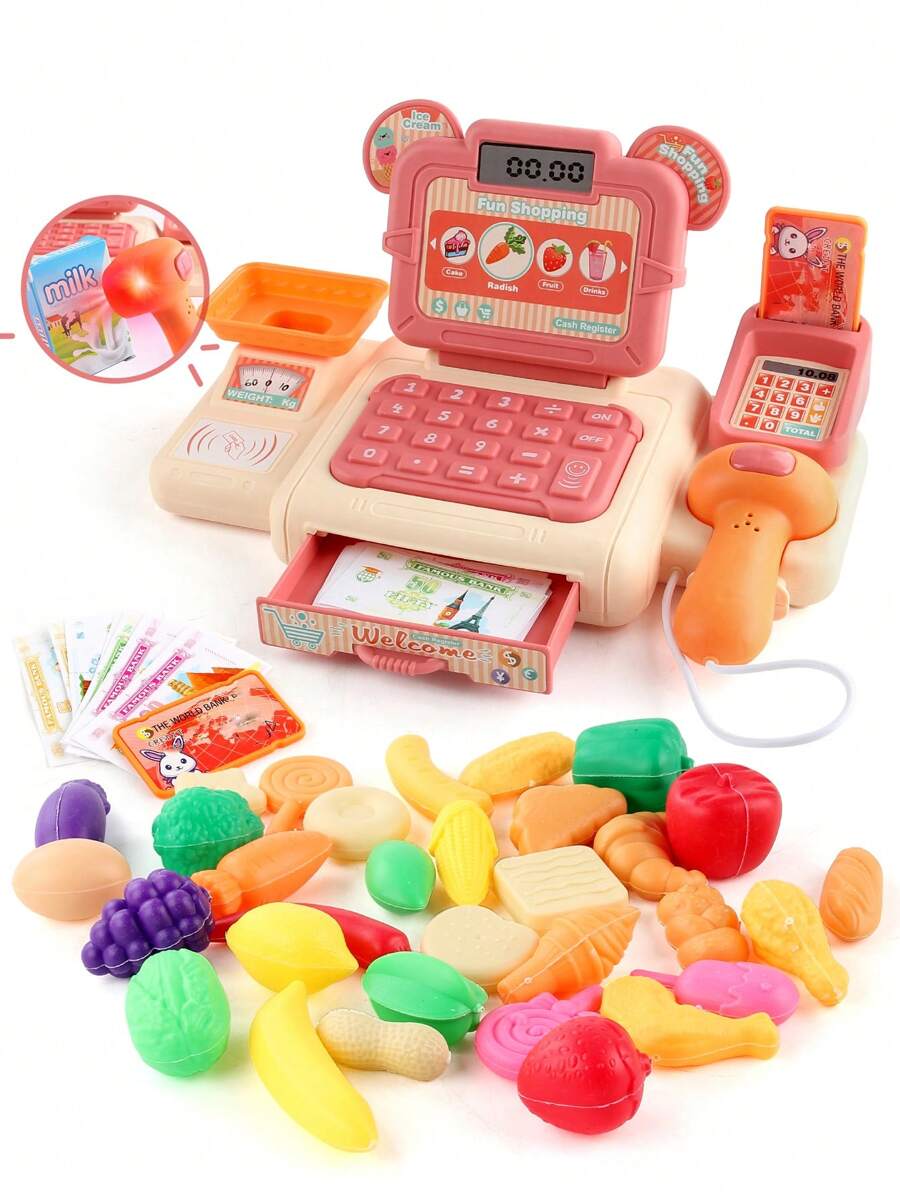 Mini Simulation Cash Register Toy With Multiple Functions, Sound And Light Effects, Scanning Function. With Supermarket Simulation Fruits And Vegetables Accessories. Ideal For Role Playing, Great Christmas Gift.