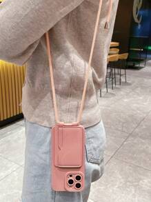 1pc Rope Strap/Shoulder Strap/Necklace Lanyard; 1pc Powder Pink, Light Pink, Lotus Root Color Angel Eye Smooth Edge Perforated Anti-Drop Phone Case Compatible With Apple/Redmi/VIVO/Infinix/OPPO/Reno/Realme Waterproof Shockproof Scratch Resistant - Dusty Pink - View 2