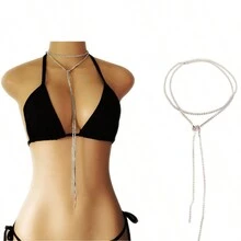 1pc Luxury Glitter Rhinestones Chain Long Necklace For Women Dating Jewelry New Year Gift - Silver - View 5