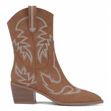 Monrovia Womens Cowgirl Boots Wide Calf Cowboy Boots Mid-Calf Pointed Toe Low Block Heel Embroidered Cowgirl Outfit - gừng - Xem 4
