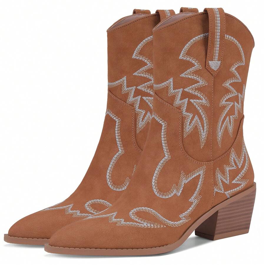Monrovia Womens Cowgirl Boots Wide Calf Cowboy Boots Mid-Calf Pointed Toe Low Block Heel Embroidered Cowgirl Outfit - gừng - Xem 1