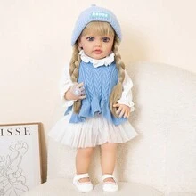 22英寸（性別：女性）逼真的矽膠嬰兒娃娃帶奶嘴、乙烯基娃娃、童真娃娃、精緻的人形娃娃玩具、柔軟的塑料娃娃、生日禮物、手持式矽膠娃舒緩工具、禮物象牙色、時尚的娃娃穿衣玩具、適合沐浴、聖誕禮物 - 藍衣白裙 - 查看 2
