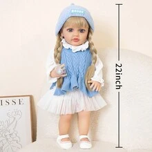 22英寸（性別：女性）逼真的矽膠嬰兒娃娃帶奶嘴、乙烯基娃娃、童真娃娃、精緻的人形娃娃玩具、柔軟的塑料娃娃、生日禮物、手持式矽膠娃舒緩工具、禮物象牙色、時尚的娃娃穿衣玩具、適合沐浴、聖誕禮物 - 藍衣白裙 - 查看 4