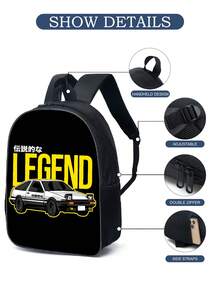 1pc Cute Printed Polyester Zipper Closure Simple Backpack For Boys And Girls, Suitable For Traveling And Playing - Black - View 6