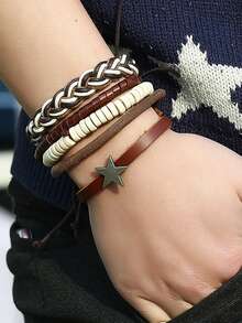 Da Bộ vòng đeo tay Cho nam giới , Nhiều lớp Tay Dây thừng , Retro Bện Da thật Băng tay - màu nâu - Xem 2