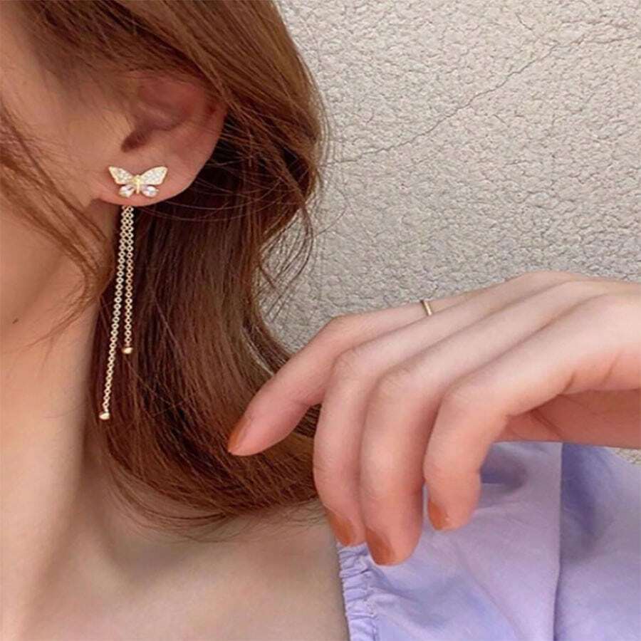 1對時尚鋅合金蝴蝶與流蘇吊墜耳環適用於女性,約會禮物 - 金色 - 查看 1