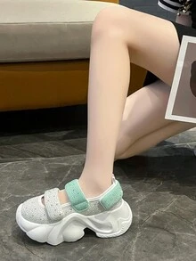 女士水晶魔鬼氈厚底涼鞋，2024新款夏季厚底楔型跟防水平台超輕運動鞋 - 綠色 - 查看 8