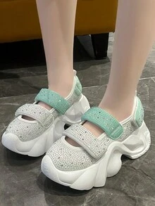 女士水晶魔鬼氈厚底涼鞋，2024新款夏季厚底楔型跟防水平台超輕運動鞋 - 綠色 - 查看 7