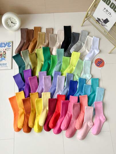 무작위 10 쌍 Y2k 다채로운 양말, 캔디 색상의 가을 및 봄 양말, 다용도 쌓을 수있는 양말, 스포츠 댄스 양말, 단색 고탄성 종아리 양말