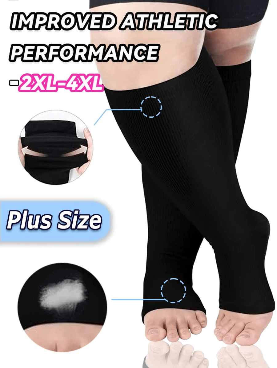 1 par de calcetines de compresión de fibra de cobre de talla grande con puntera abierta, calcetines unisex sin pies hasta la rodilla para viajes/deportes, regalo de Navidad