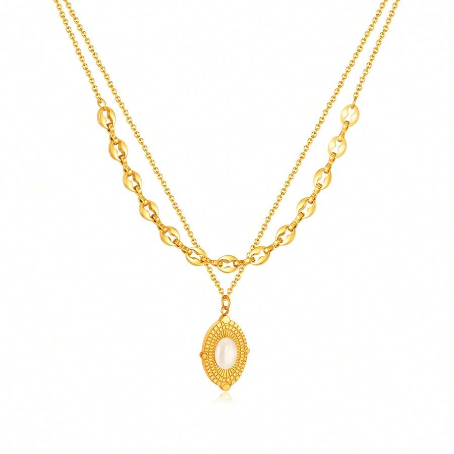 1條時尚貓眼石設計不銹鋼雙層頸鏈,外觀高端,適合女性日常佩戴 - 金色 - 查看 1