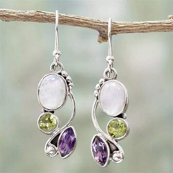 1 par de pendientes vintage de piedra lunar, pendientes colgantes de circonita cúbica de colores, joyería de fiesta como regalo para mujeres