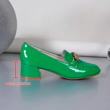 2023 Fashionable Colorful Square Toe Comfortable Chunky Heel Leather Casual Shoes, Versatile For All Seasons - Green - View 5