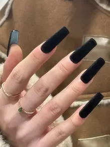 24pcs Coffin Shape Black Plush Warm False Nails With Fuzzy Fur Layer, Perfect For Winter Or Valentine'S Day Gift, Comes With 1 Nail File And 1 Jelly Glue - Black - View 1