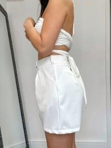 Short Alfaiataria Feminino Bermuda Cintura Alta Básico Forrado Bolsos Frontais Chic Casual Fashionista Pinterest Elegante It Girl Minimalista Gringa Verão Primavera Outono Claro Elegante