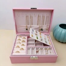 1pc Pu Leather Jewelry Box With Double Layer Large Capacity Jewelry Organizer, Suitable For Home Or As A Gift For Women - Pink - View 5