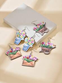 1pair Elegant And Creative Spring Flower Themed Earrings In Western Style, Including Handcart, Envelope And Tulip Elements For Vacation And Proposal Gifts. The Earrings Are Made Of Wood. - Multicolor - View 8