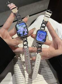 1入女式金屬皮革混材質手錶錶帶，搭配季節時尚風格，適用於38/40/41/42/44/45/49mm蘋果手錶帶，支援Ultra/SE/9/8/7/6/5/4/3/2/1代 - 白色 - 查看 7