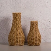 手工編織復古風格創意仿藤落地花瓶,簡約室內裝飾用品,適合陽台或咖啡桌上插花 - 卡其色 - 查看 4