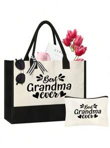 2入組印有祖母圖案的手提包,送給祖母的禮物 - 生日和母親節的完美禮物,送給孫子、孫女和孫女/孫子,同款化妝包,送給朋友娜娜的禮物,收納袋,亞麻手提袋,手提購物袋,輕便可折疊的收納袋,老師禮物手提袋,護士、醫生、老師收納袋,送給朋友和死黨的禮物,送給媽媽的禮物,適用於個人旅行化妝,購物袋,大容量收納 - 彩色 - 查看 1