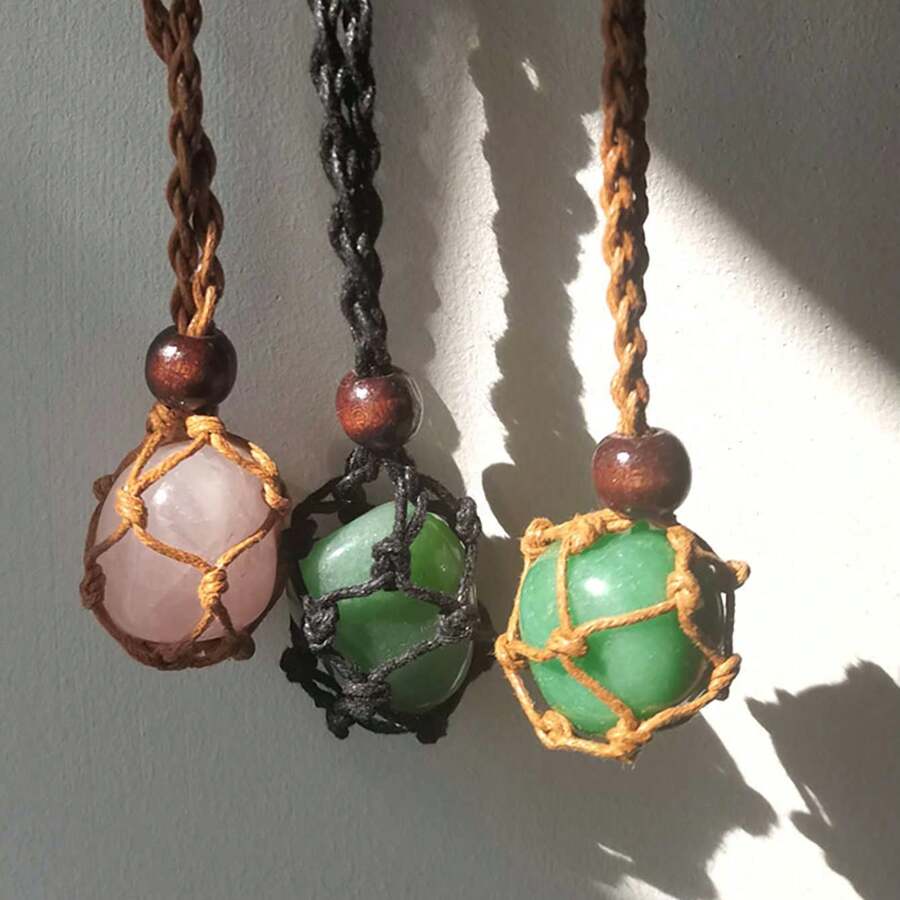 Natural Crystal Cluster Raw Stone Netting Weave Necklace, Adjustable Black Rope Mesh Stone Pendant Necklace - Brown - View 1