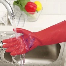 1雙天然乳膠手套,適用於家務、廚房清潔,防水、防滑、耐磨,帶紅色加厚手腕帶 - 紅色 - 查看 4