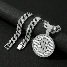 1個歐美流行風格圓形標籤美元符號吊墜項鍊,獨特設計,由t形鑲嵌方形鑽和金色符號嘻哈墜飾項鍊組成,製成合金 - 美元符號吊墜 - 查看 18