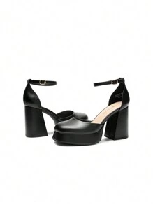 Women Chunky Platform High Heels Closed Toe Block Ankle Strap Dress Prom Wedding Party Pumps Shoes - 黑色 - 查看 9